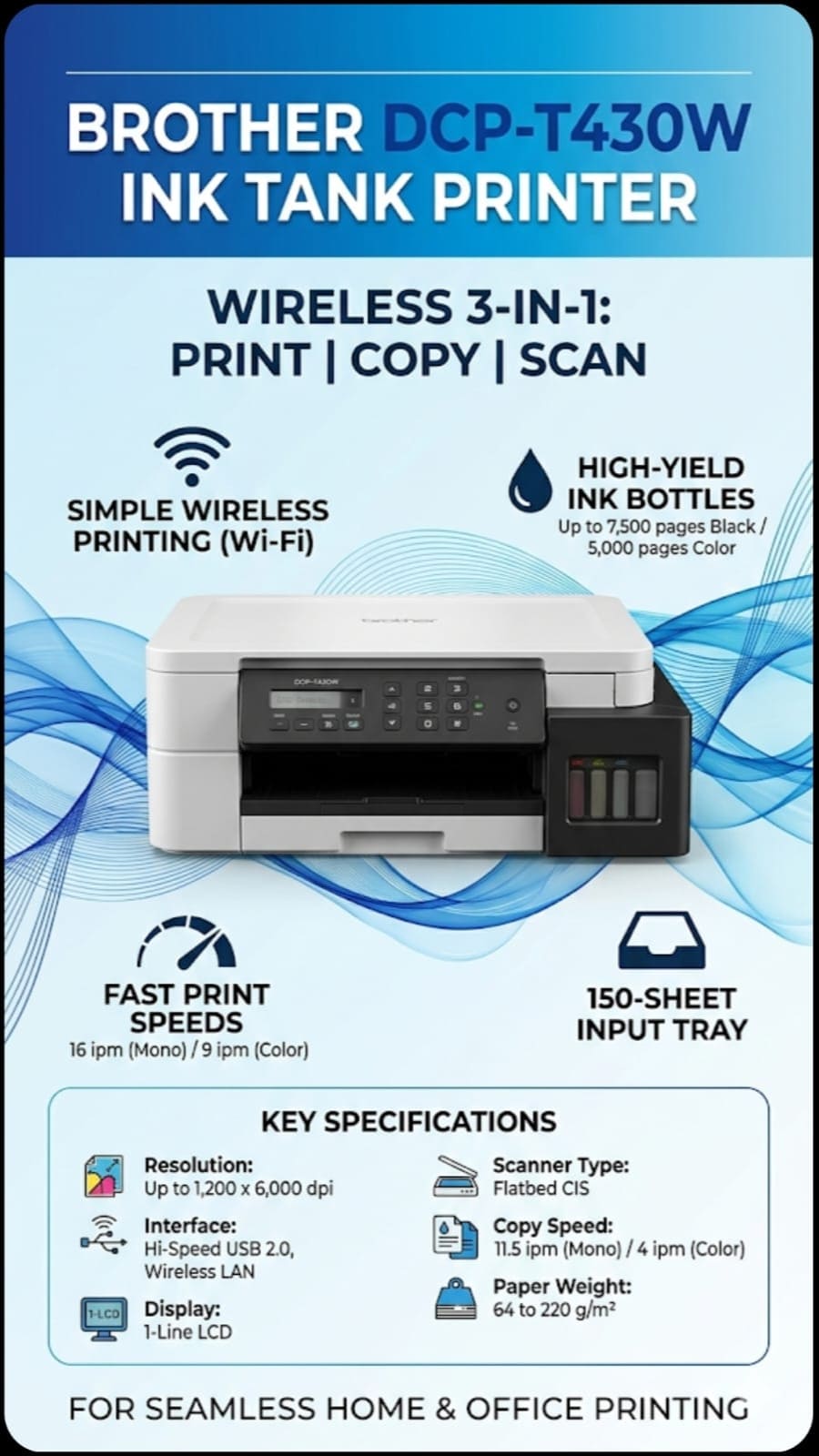 Brother DCP-T430W Ink Tank Printer Wireless 3-in-1 Print, Copy & Scan