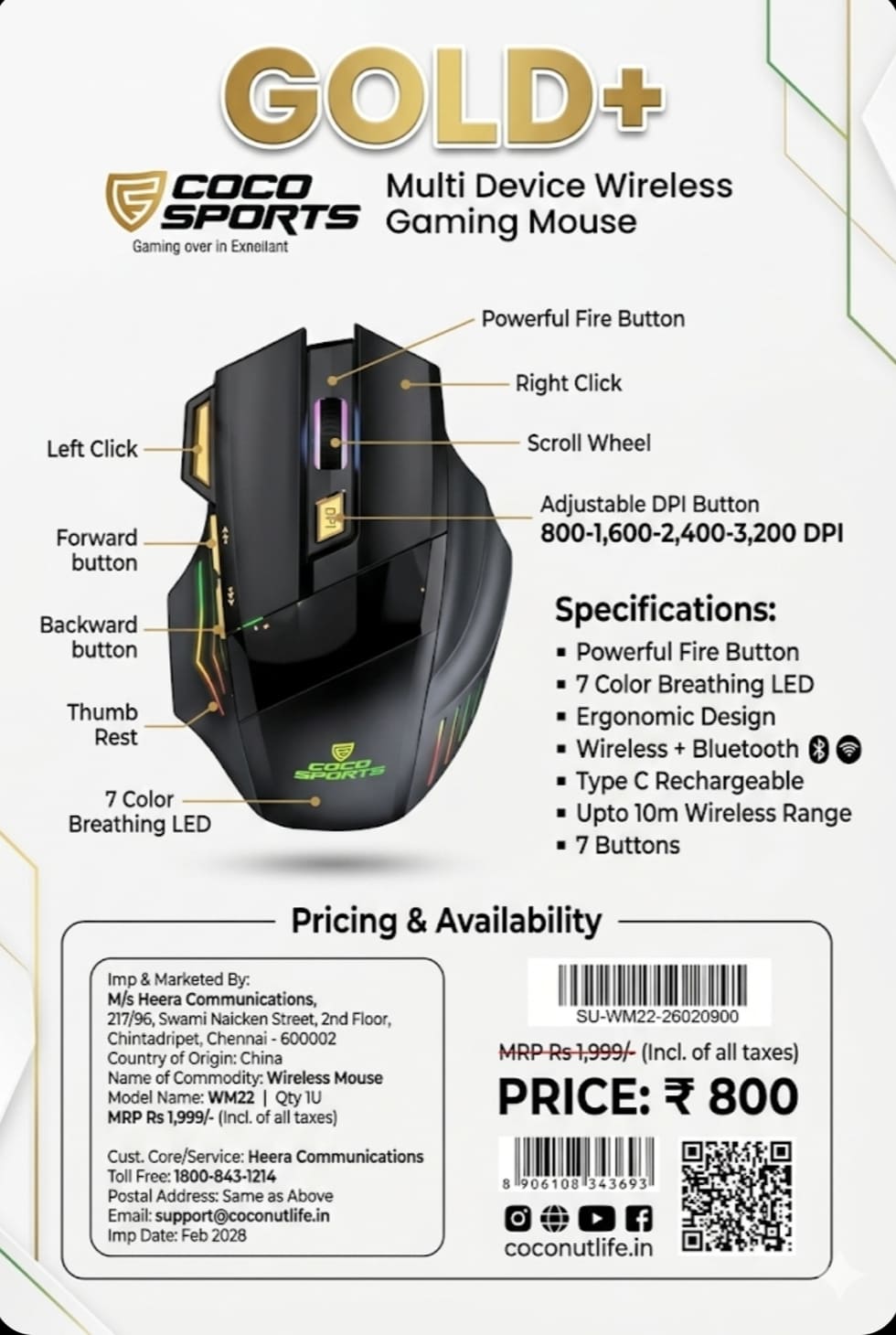 Gold+ Coco Sports Multi Device Wireless Gaming Mouse
